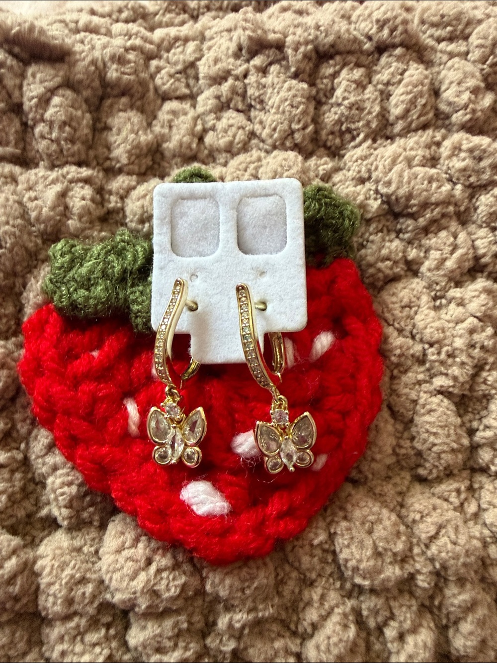 Gold toned Butterfly Hoop Drop Earrings in Clear Crystal - Women Accessories